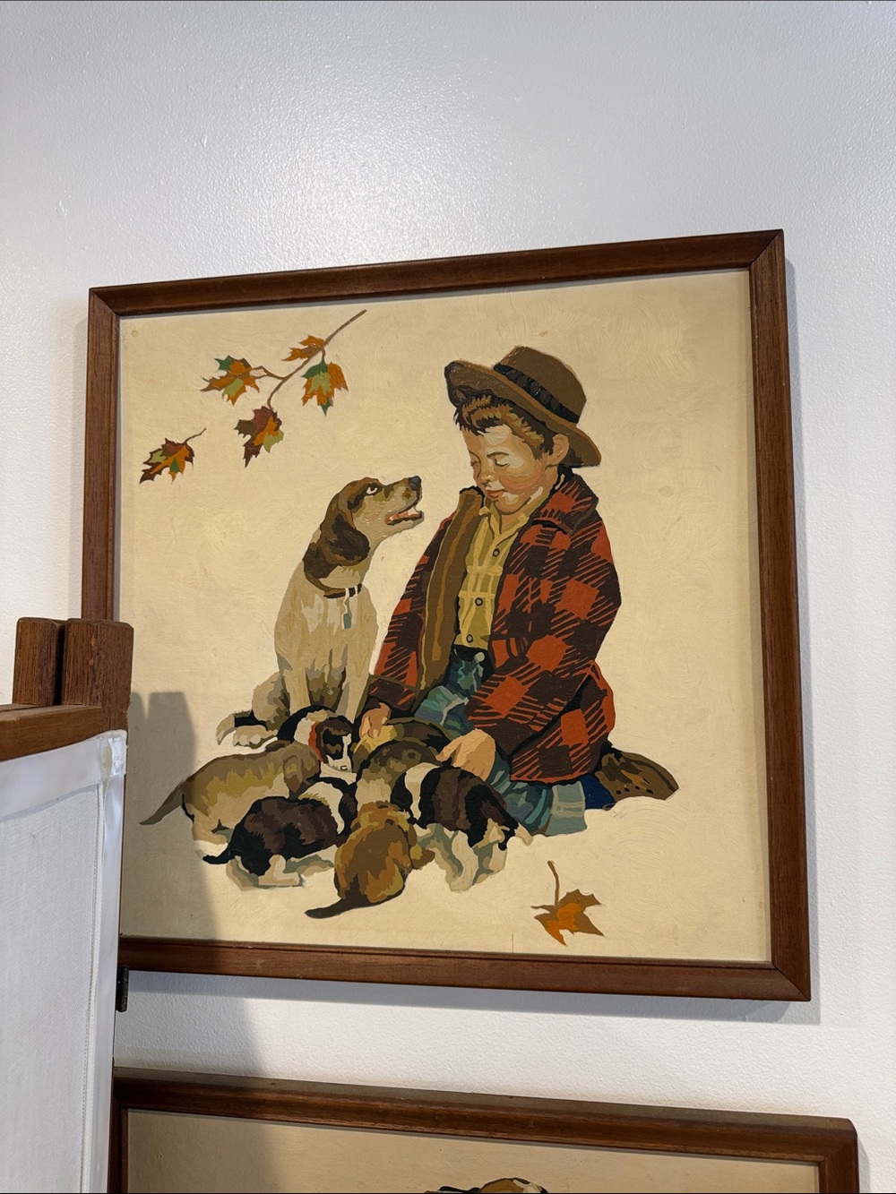 Vintage Boy and Puppies Wall Painting - Brown, Cream, Green